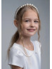 Beaded Peter Pan Collar White Satin Box Pleated Flower Girl Dress